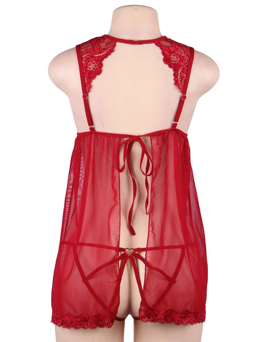 Plus Size Elegant Red Lace straps Backless Babydoll Set