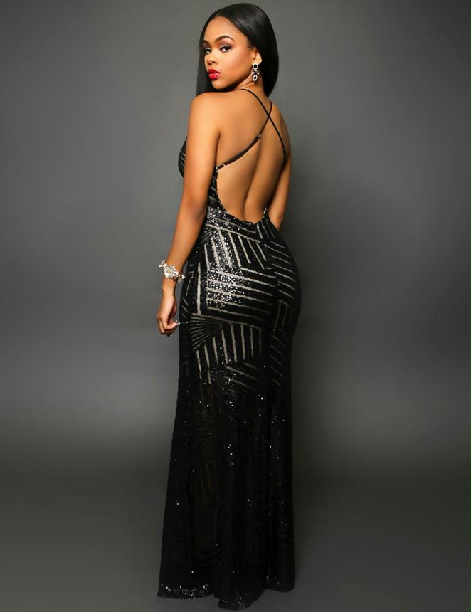 Striped Sequins Nude Long Dress