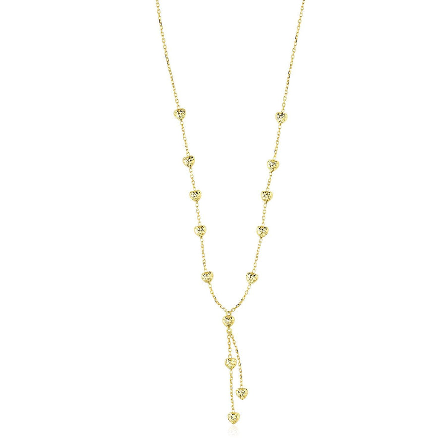 14k Yellow Gold Puffed Heart Station Diamond Cut Lariat Style Necklace