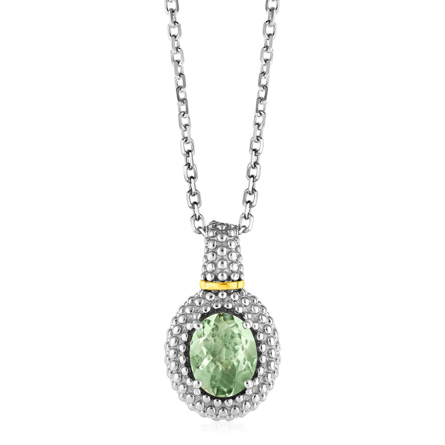 Necklace with Oval Green Amethyst Pendant in Sterling Silver and 18k Yellow Gold