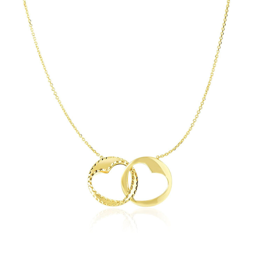 14k Yellow Gold Necklace with Interlaced Heart Design Round Charms