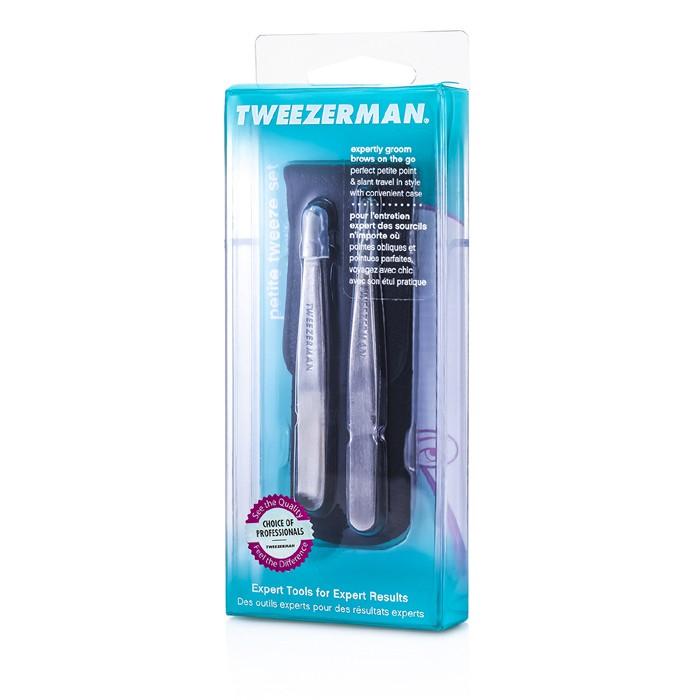Petite Tweeze Set: Slant Tweezer + Point Tweezer - (with Black Leather Case) - 2pcs