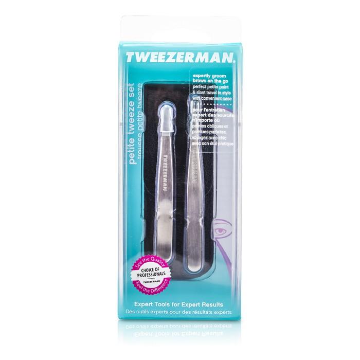 Petite Tweeze Set: Slant Tweezer + Point Tweezer - (with Black Leather Case) - 2pcs