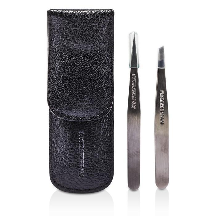 Petite Tweeze Set: Slant Tweezer + Point Tweezer - (with Black Leather Case) - 2pcs