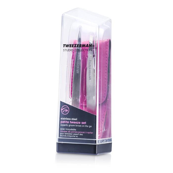 Petite Tweeze Set: Slant Tweezer + Point Tweezer - With Pink Leather Case (studio Collection) - 2pcs
