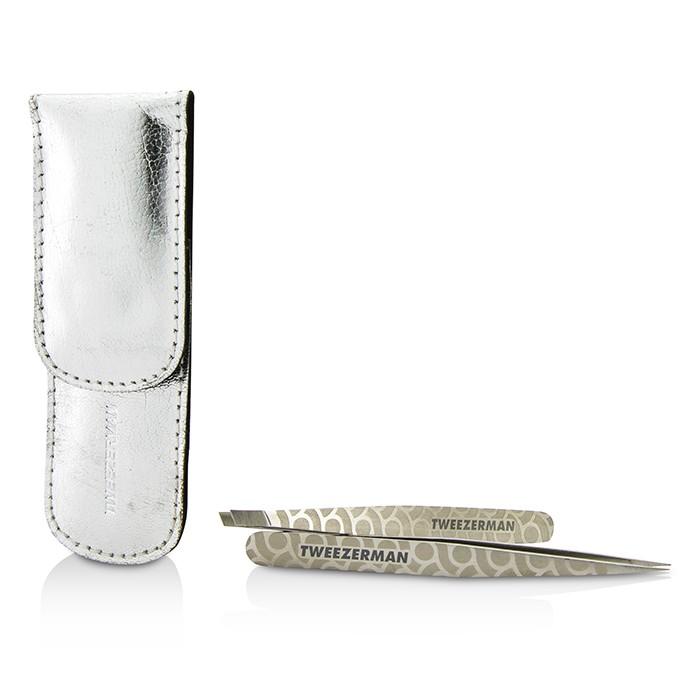 Professional Petite Tweeze Set: Slant Tweezer + Point Tweezer - (regency Finish W/ Silver Leather Case) - 2pcs