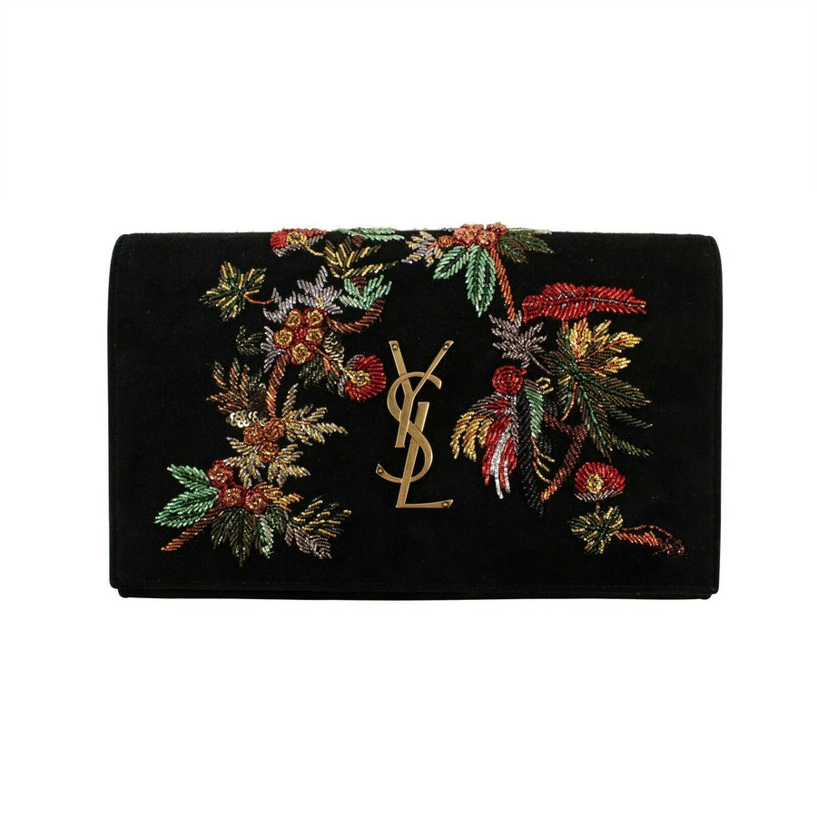 Suede Embroidered Parrots 'Kate' Chain Handbag - Black
