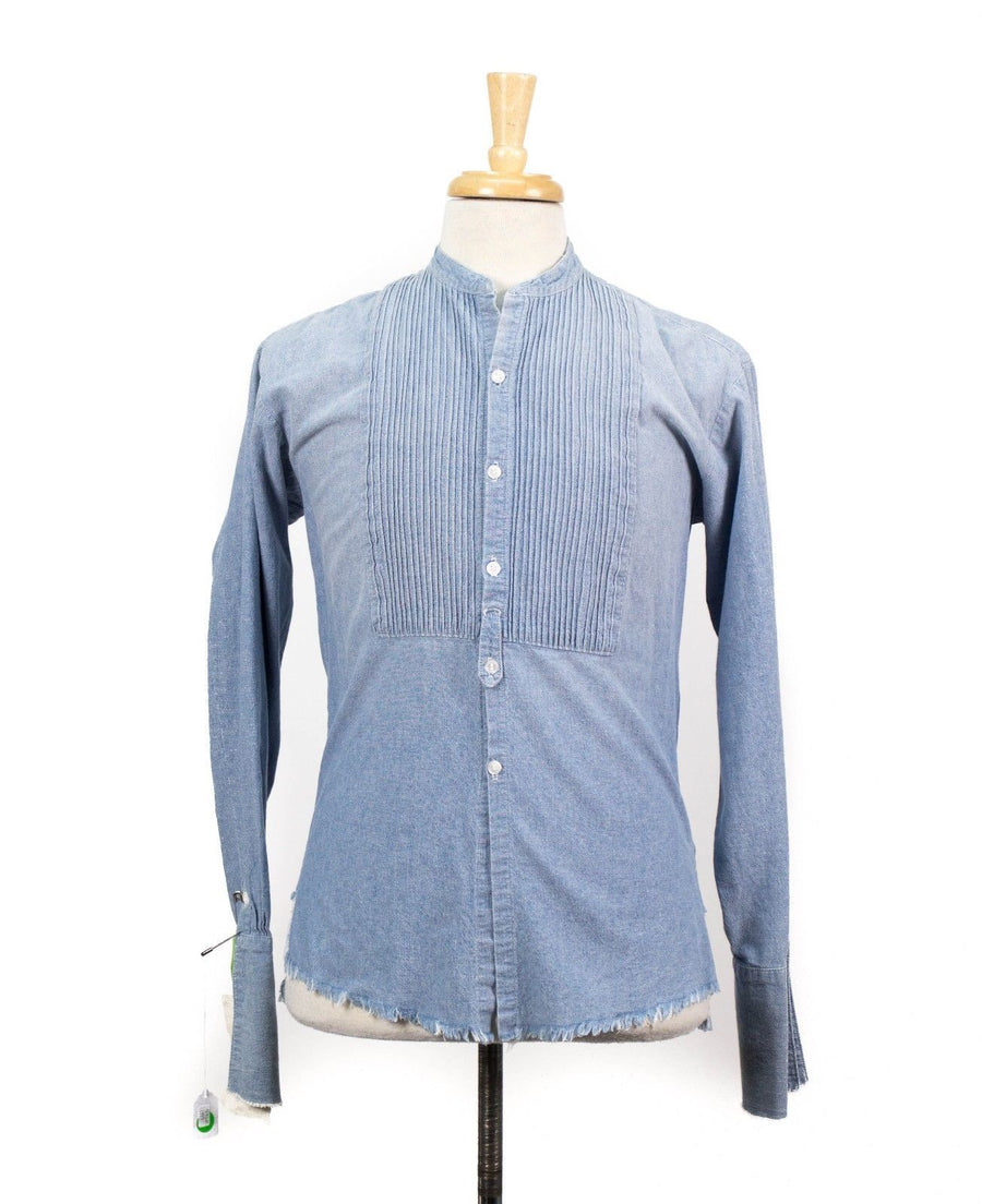 Cotton Bib-Front Distressed Button Down Casual Shirt - Blue