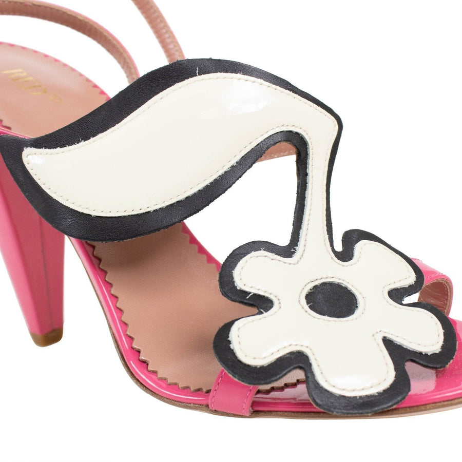 Leather Flower Ankle Strap Sandal Pumps - Pink / White