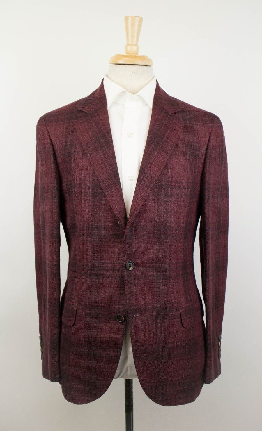 Tartan Check Wool Blend 3 Roll 2 Button Sport Coat - Red