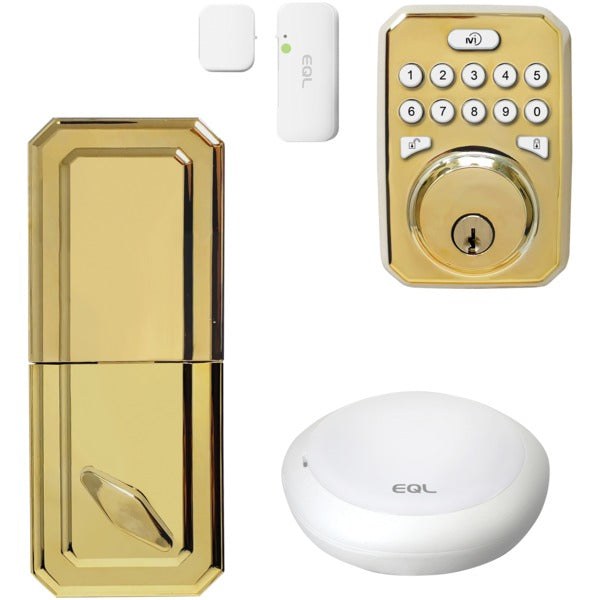 MiEQ Smart HUB, Dead Bolt Lock and Door Sensor Combo Kit (Polished Brass Finish)