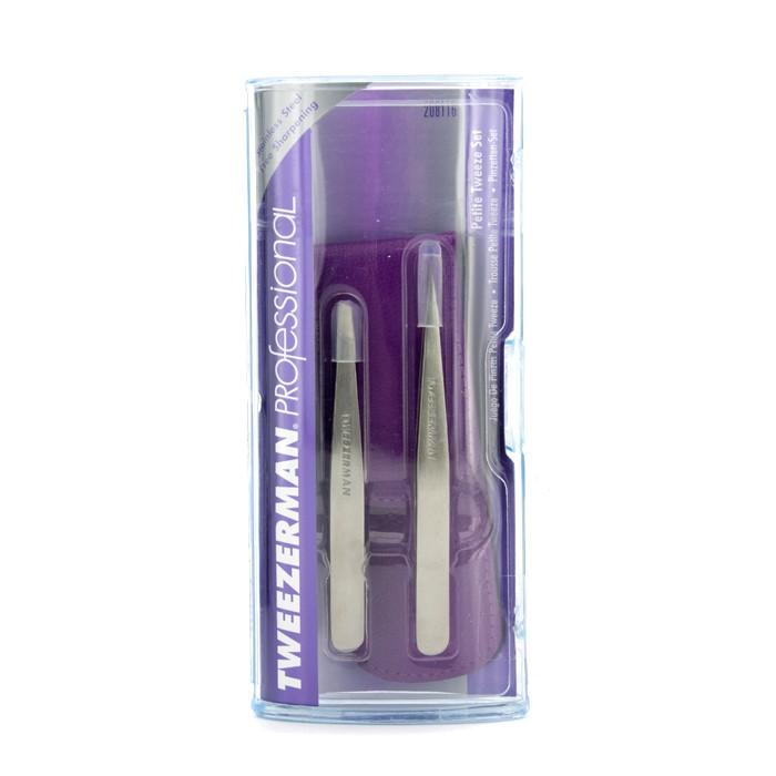 Professional Petite Tweeze Set: Slant Tweezer + Point Tweezer - (with Lavendar Leather Case) - 2pcs