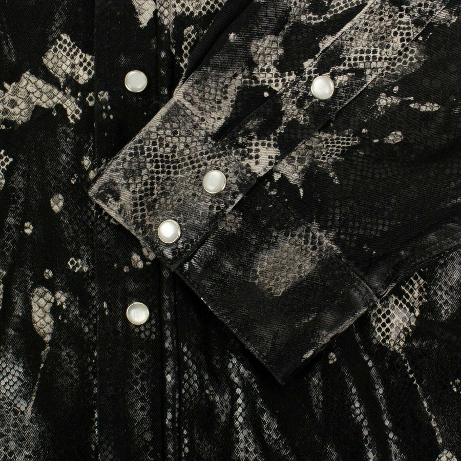 Hooded Python Print Denim Overshirt Top - Black