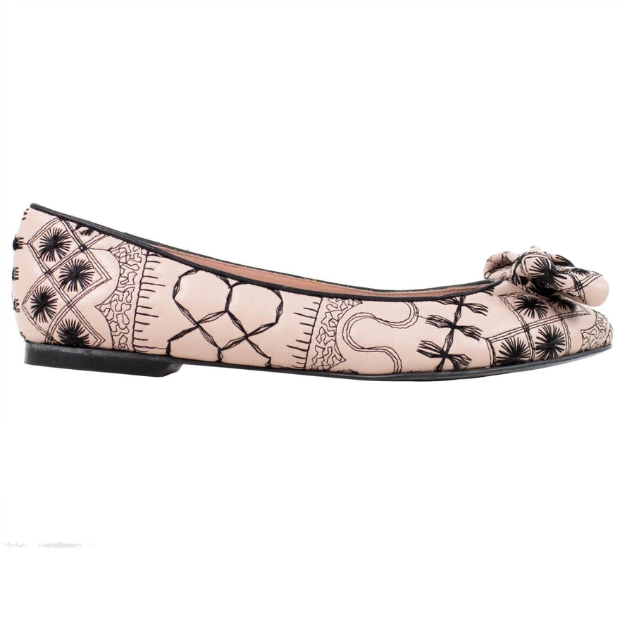 Leather Stitch Detail Bow Flats - Light Pink