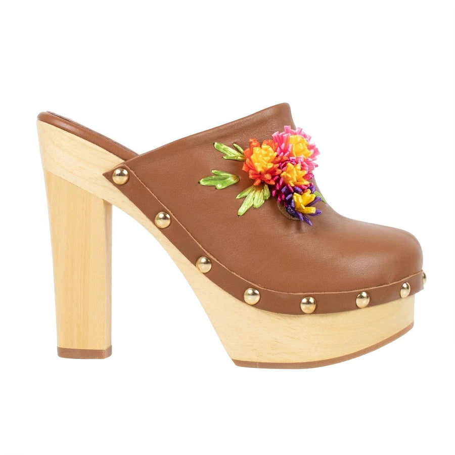 Leather & Wood Floral Clog Pumps - Brown