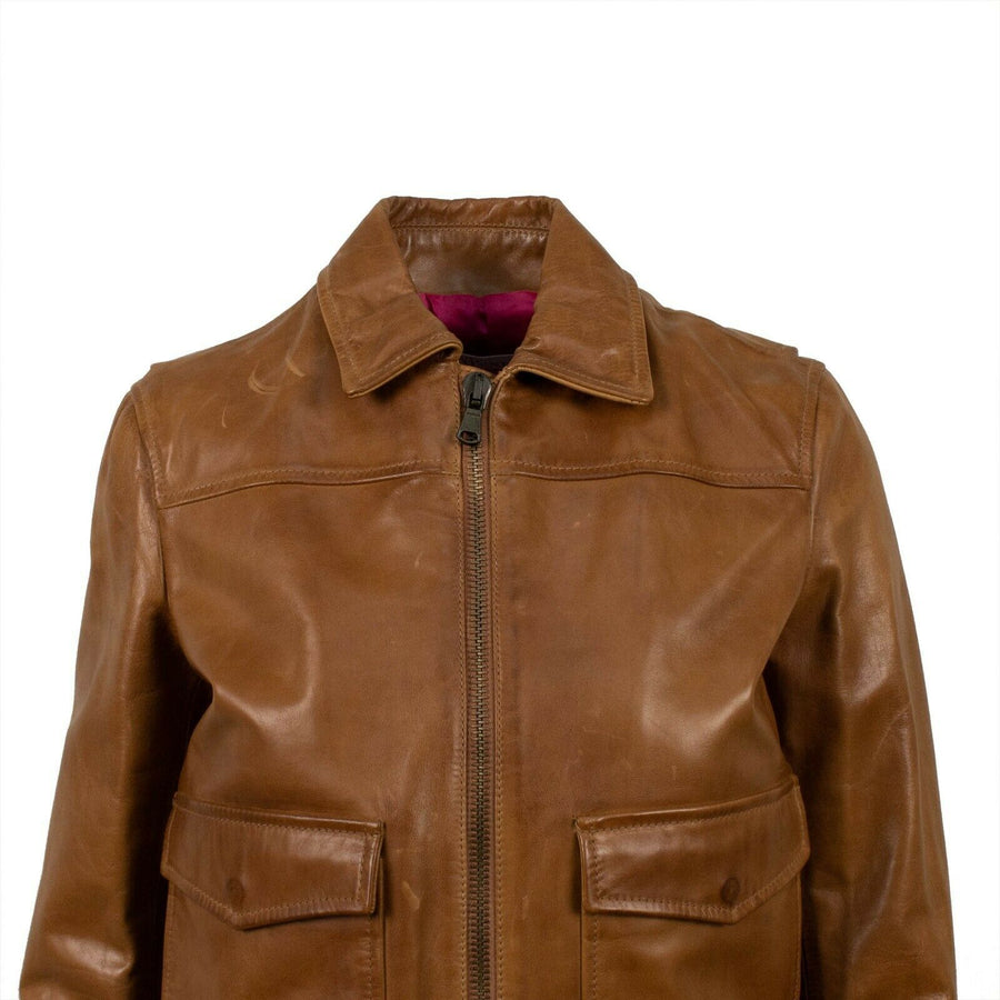 Leather With Star Design Bomber Jacket - Brown