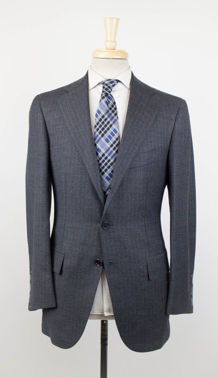 Drop 7 Pin Striped Wool 3/2 Button Suit - Gray / Blue