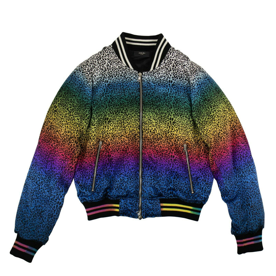 Leopard Rainbow Silk Varsity Loose Bomber Jacket