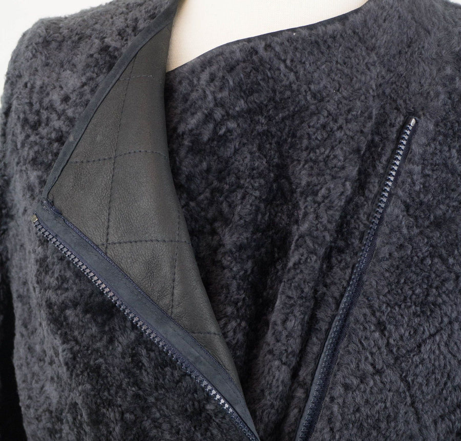 Shearling Leather Biker Jacket - Midnight Blue