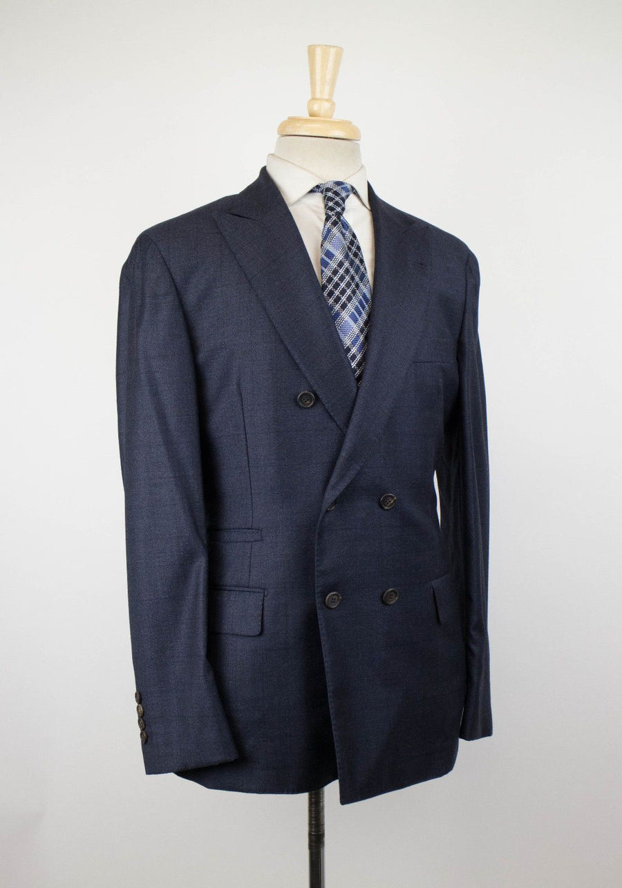 Plaid Wool Double Breasted Sport Coat - Blue