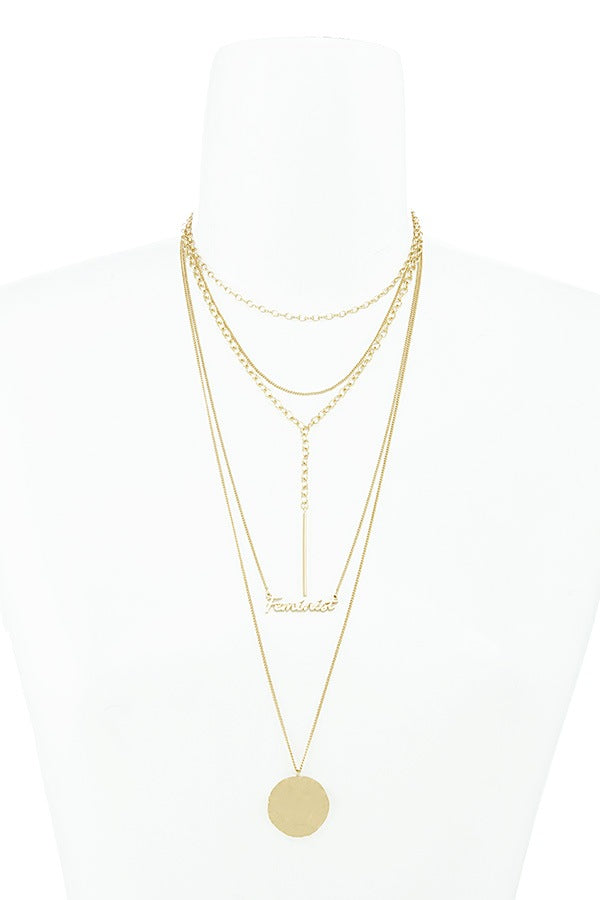 Feminist lettered multi layer geometric necklace