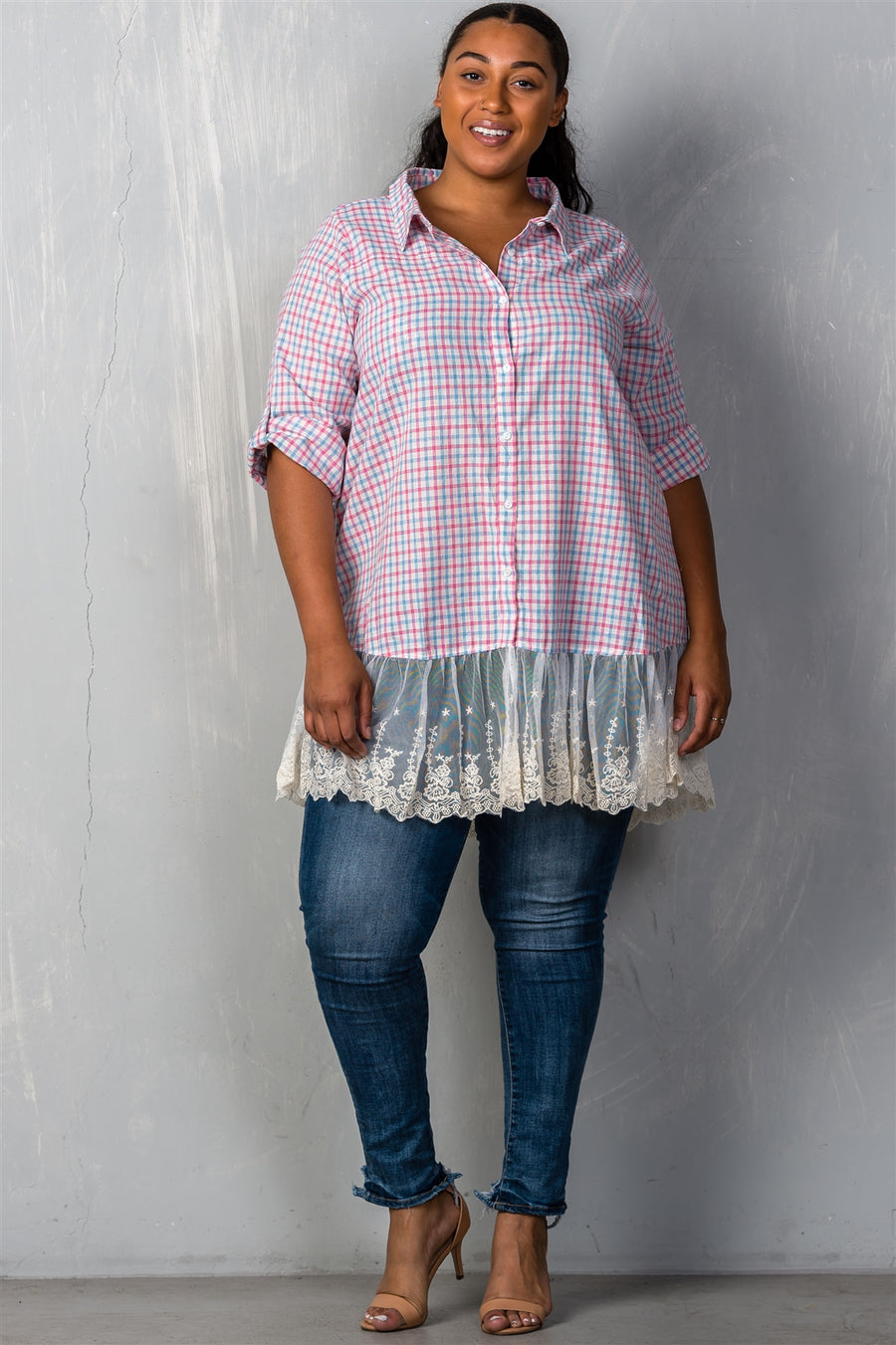 Ladies fashion plus size gingham lace-hem plus size top