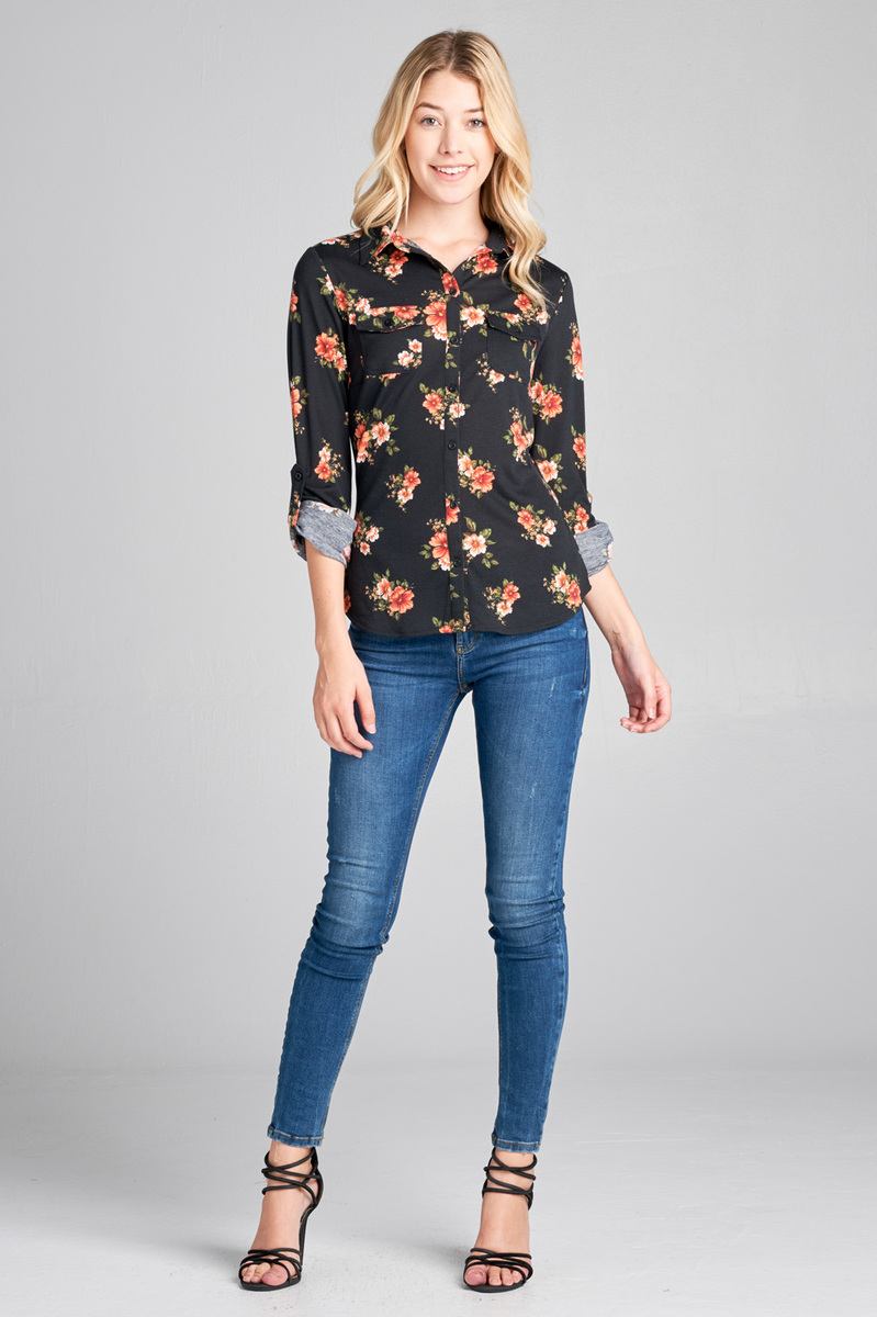Ladies fashion plus size 3/4 roll up sleeve front pocket detail flower print stretch knit shirts
