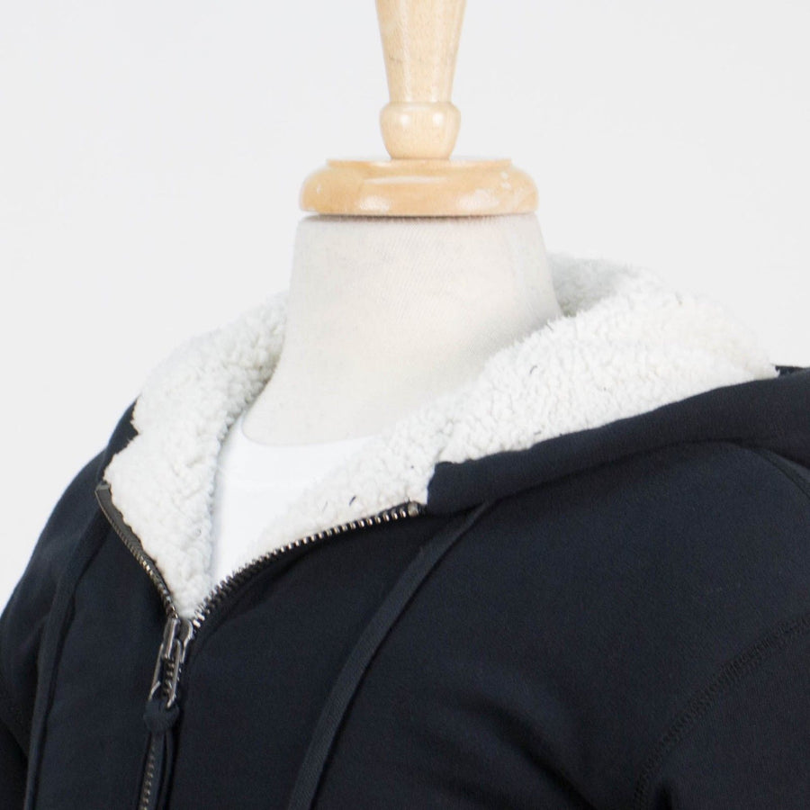 Cotton Blend Sherpa Lined Zip-Up Hooded Sweater - Black