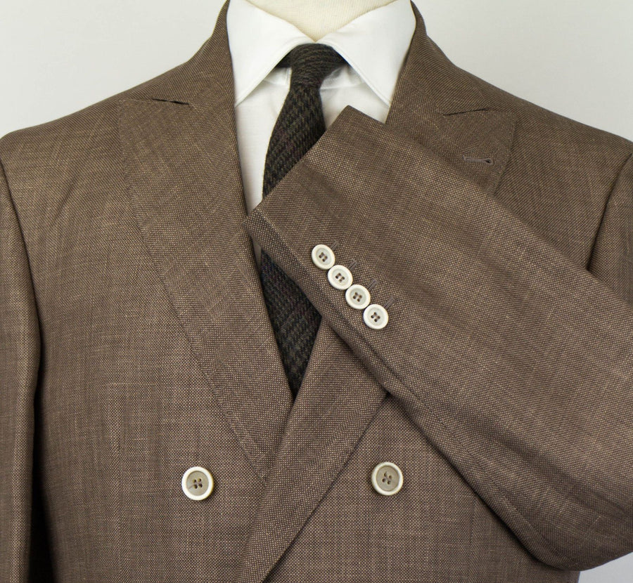 Birdseye Wool Blend Double Breasted Suit - Brown