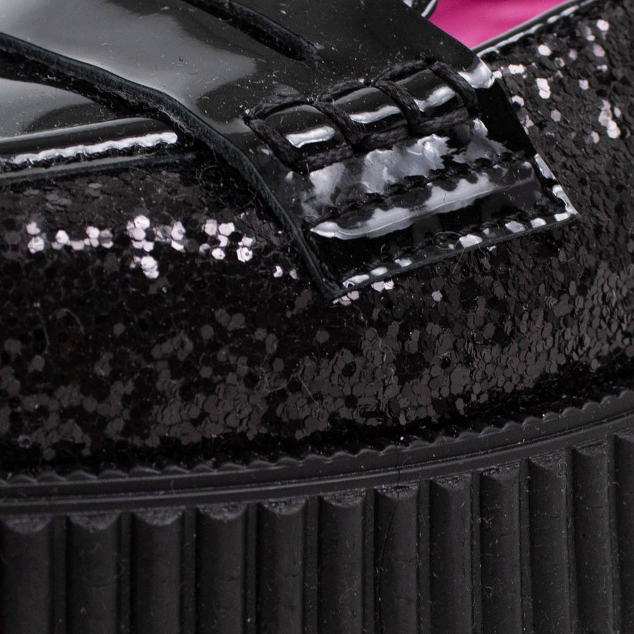 Leather Glitter Thick Sole Penny Loafer Flats - Black