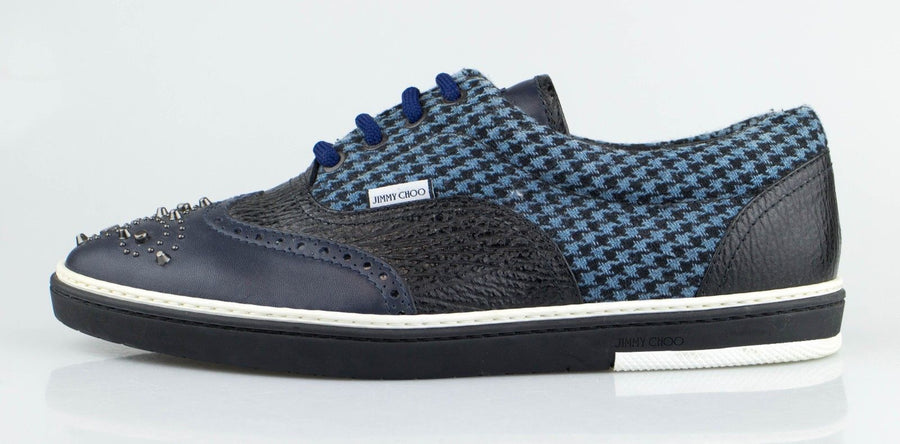 Leather and Houndstooth Fabric Studded Lace Up Oxford - Navy