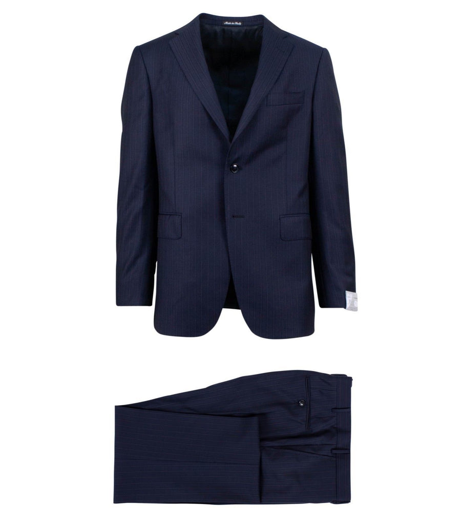 Drop 4 Thick Striped Wool Two Button Suit - Navy Blue / Purple