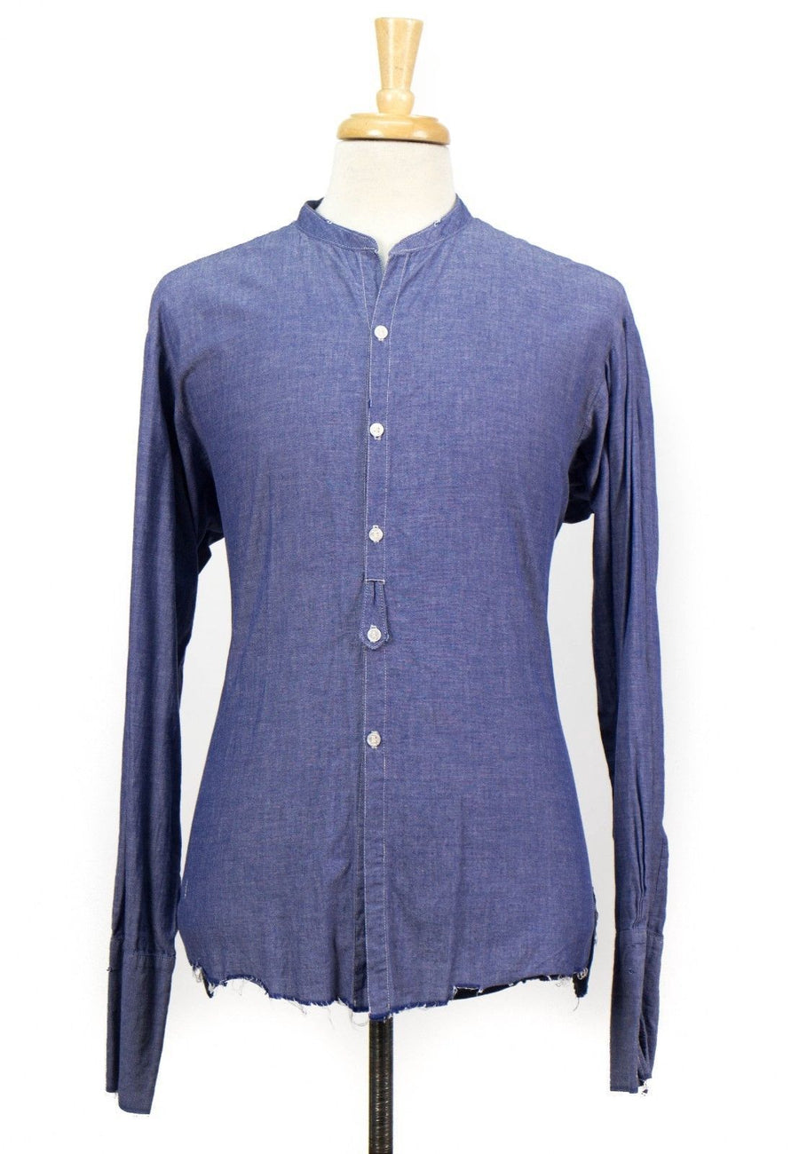 Cotton Mandarin Collar Button Down Casual Shirt - Blue