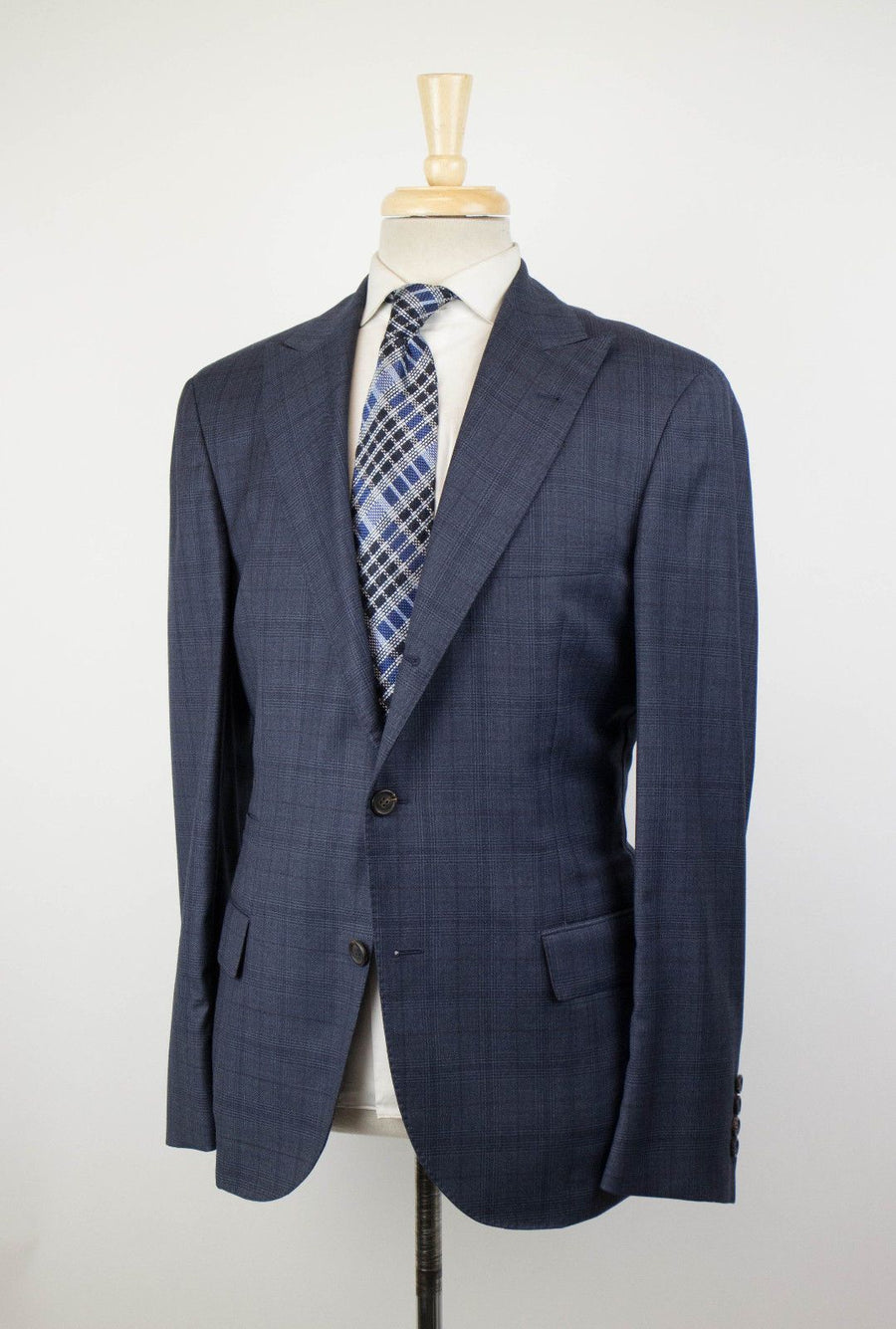 Plaid Wool 3 Roll 2 Button Sport Coat - Blue
