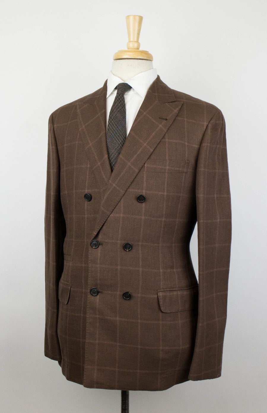 Windowpane Check Wool Blend Double Breasted Suit - Brown