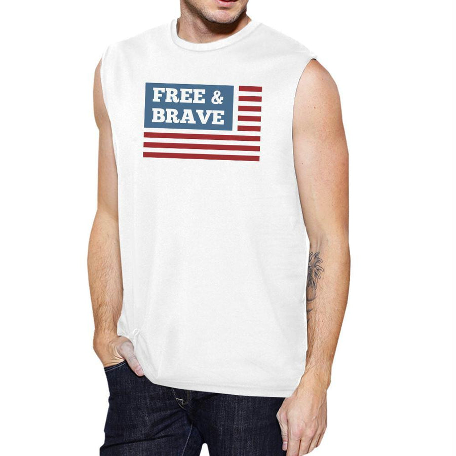 Free & Brave Us Flag Mens White Funny Muscle Tank Top Crewneck Line