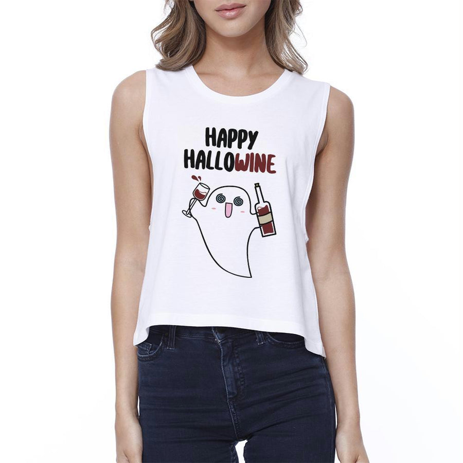 Happy Hallowine Ghost Wine Womens White Crop Top