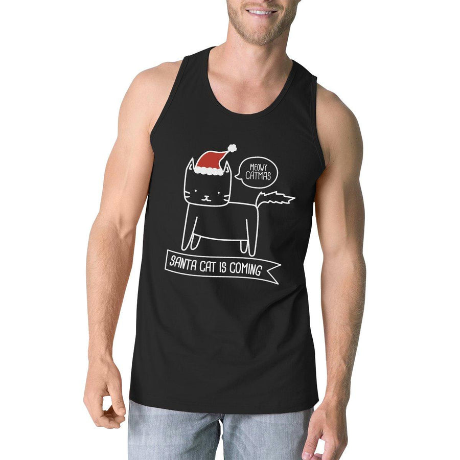 Meowy Catmas Santa Cat Is Coming Mens Black Tank Top