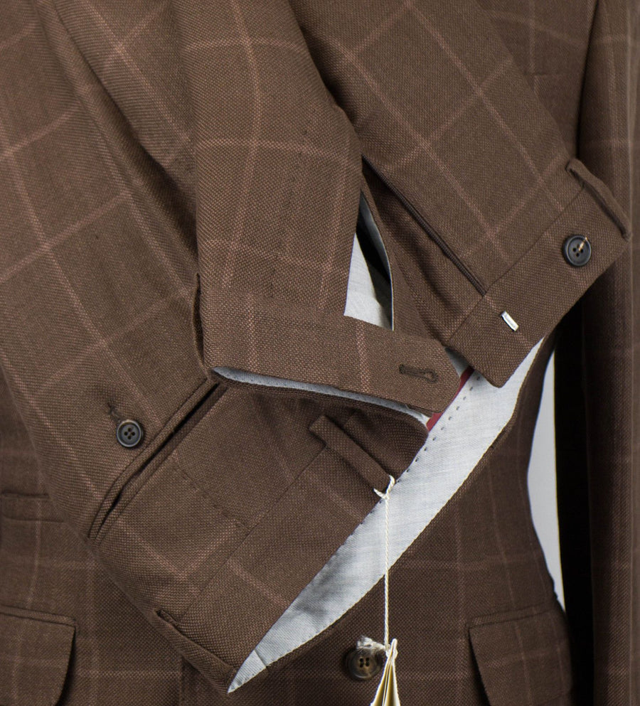 Windowpane Wool Blend Double Breasted Suit - Brown