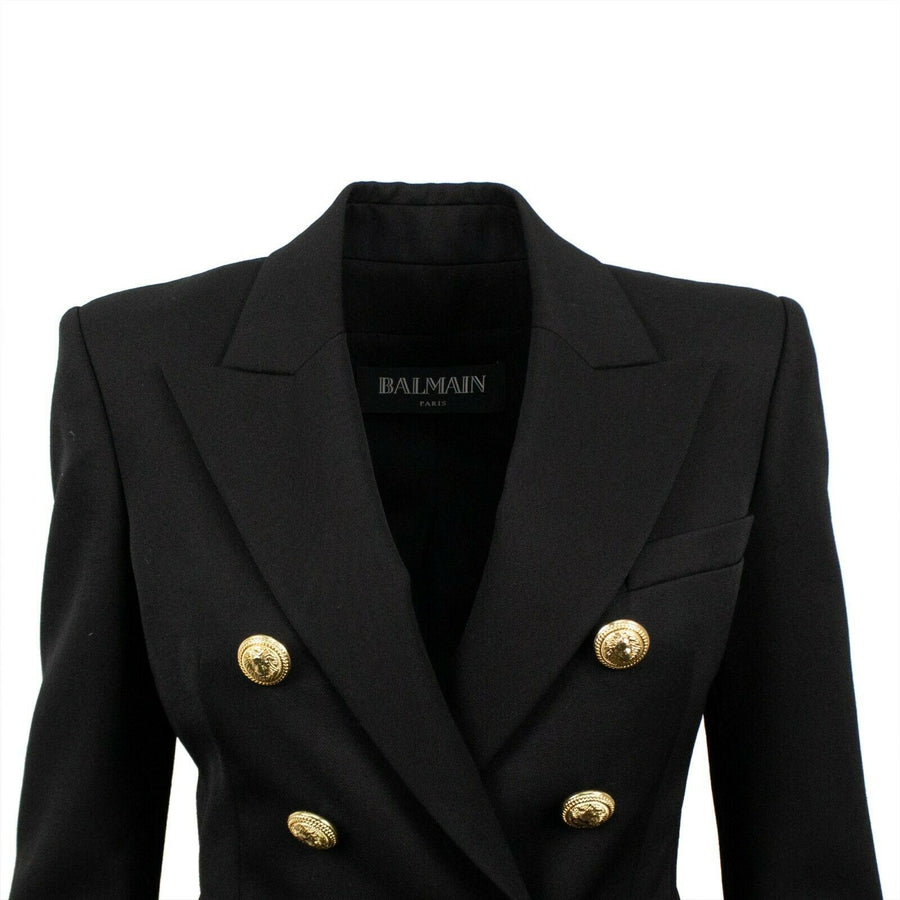 Wool Double Breasted Gold Button Blazer - Black