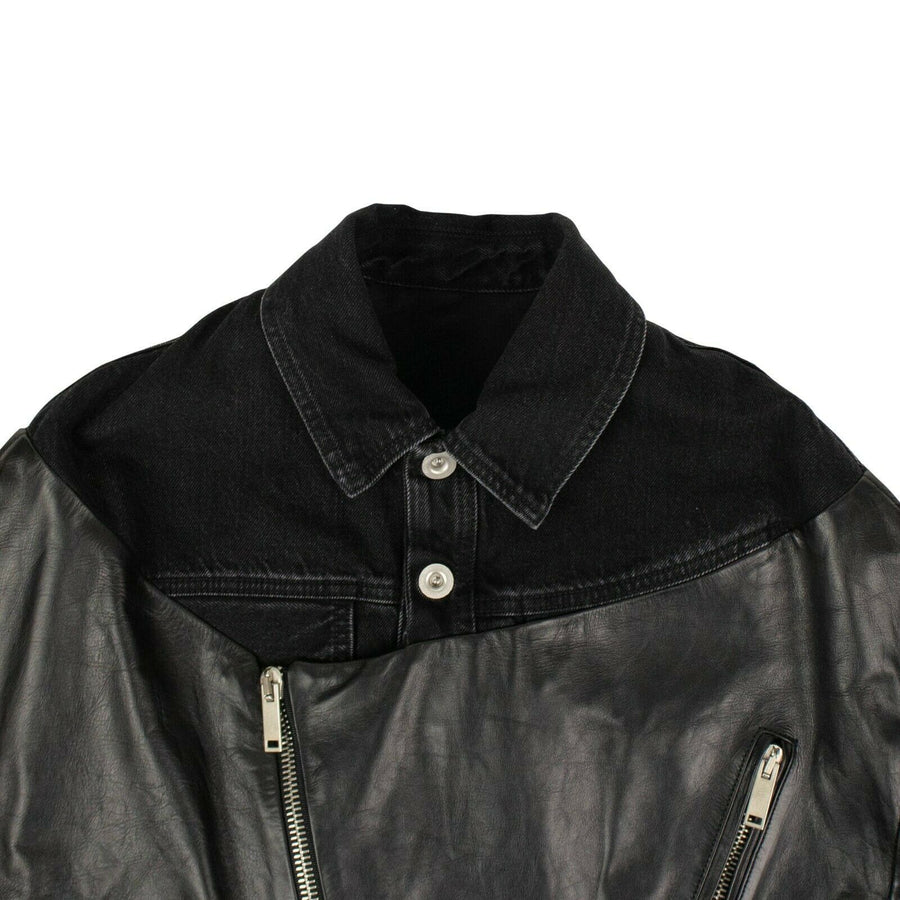 Hybrid Denim & Leather Biker Jacket - Black