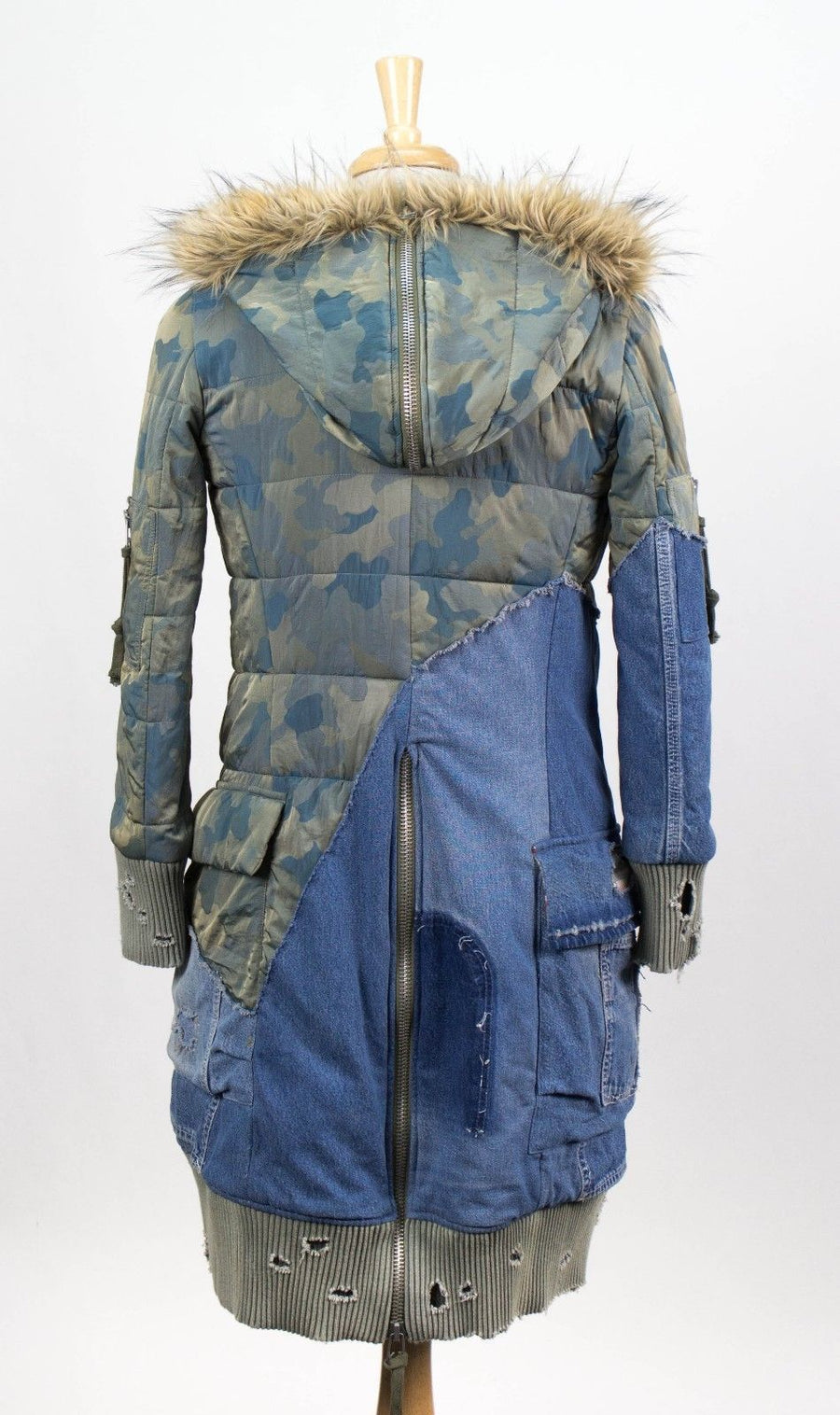 Camo Nylon Vintage Denim Puffy Hooded Parka Coat - Blue / Green