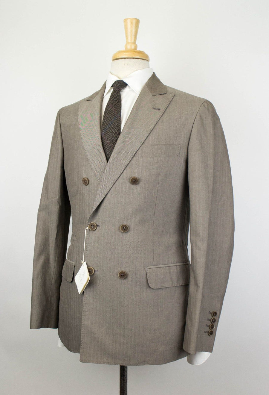 Herringbone Cotton Double Breasted Suit - Taupe Gray