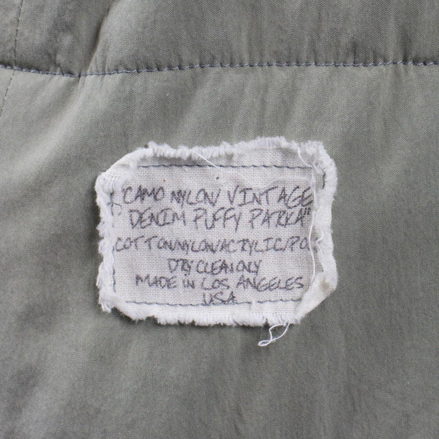 Camo Nylon Vintage Denim Puffy Hooded Parka Coat - Blue / Green