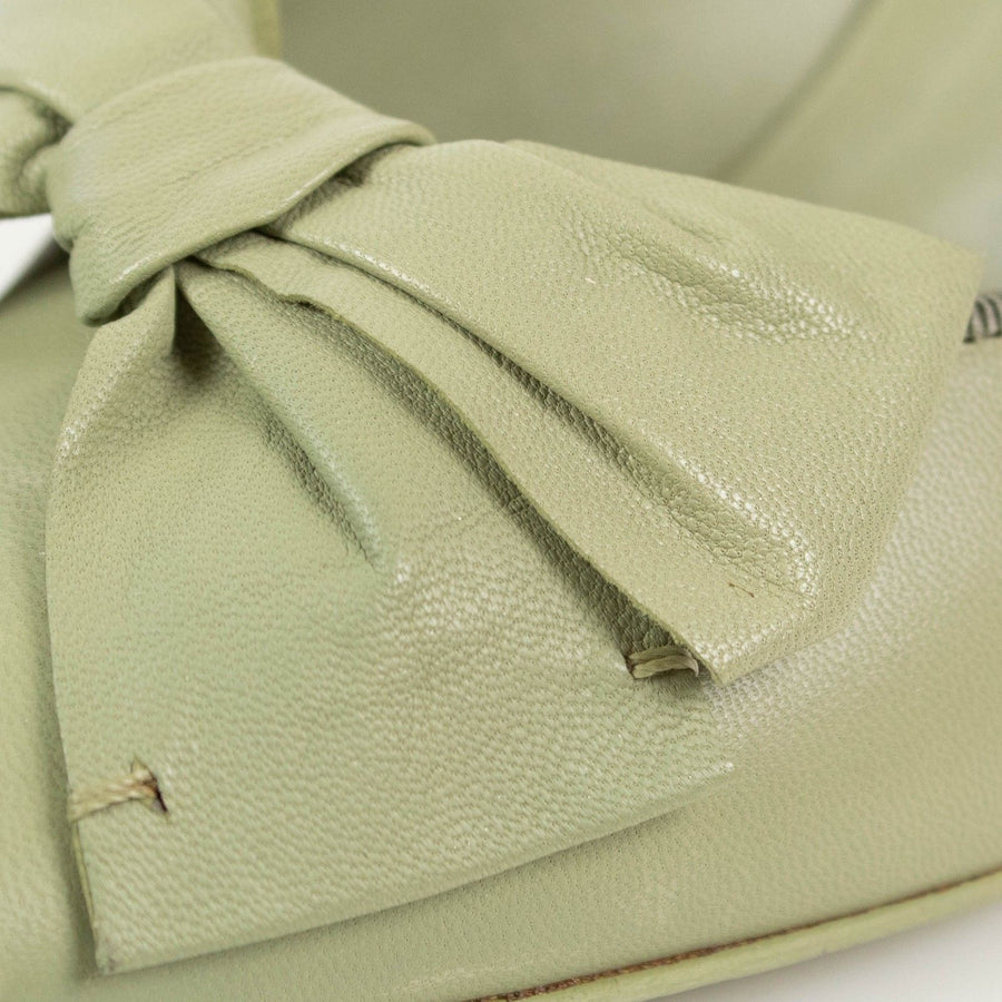Leather Bow Pointed Toe Pumps - Green