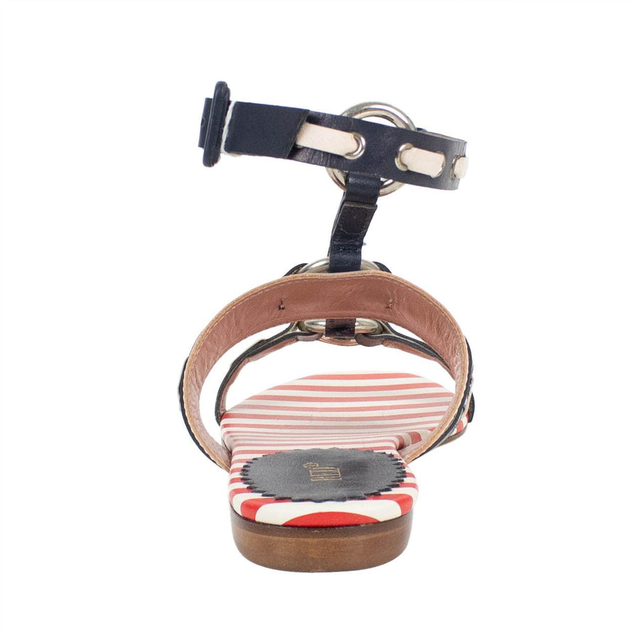Leather Striped Ankle Strap Sandal - Navy / Red / White