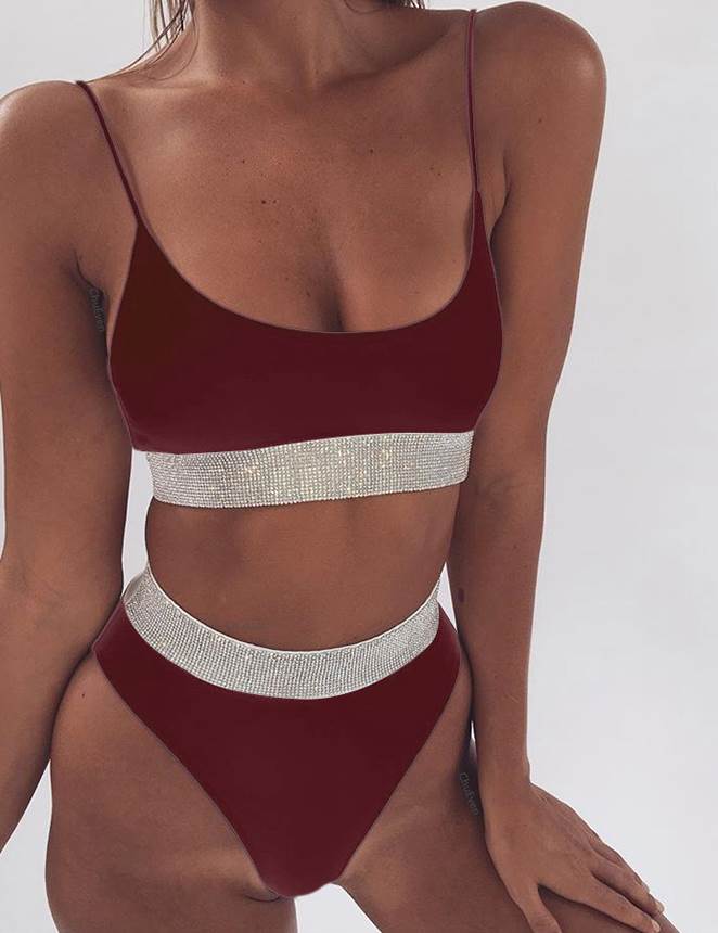 High-Waist Sequins Dark Red Solid Color Sexy Summer Bikini Set