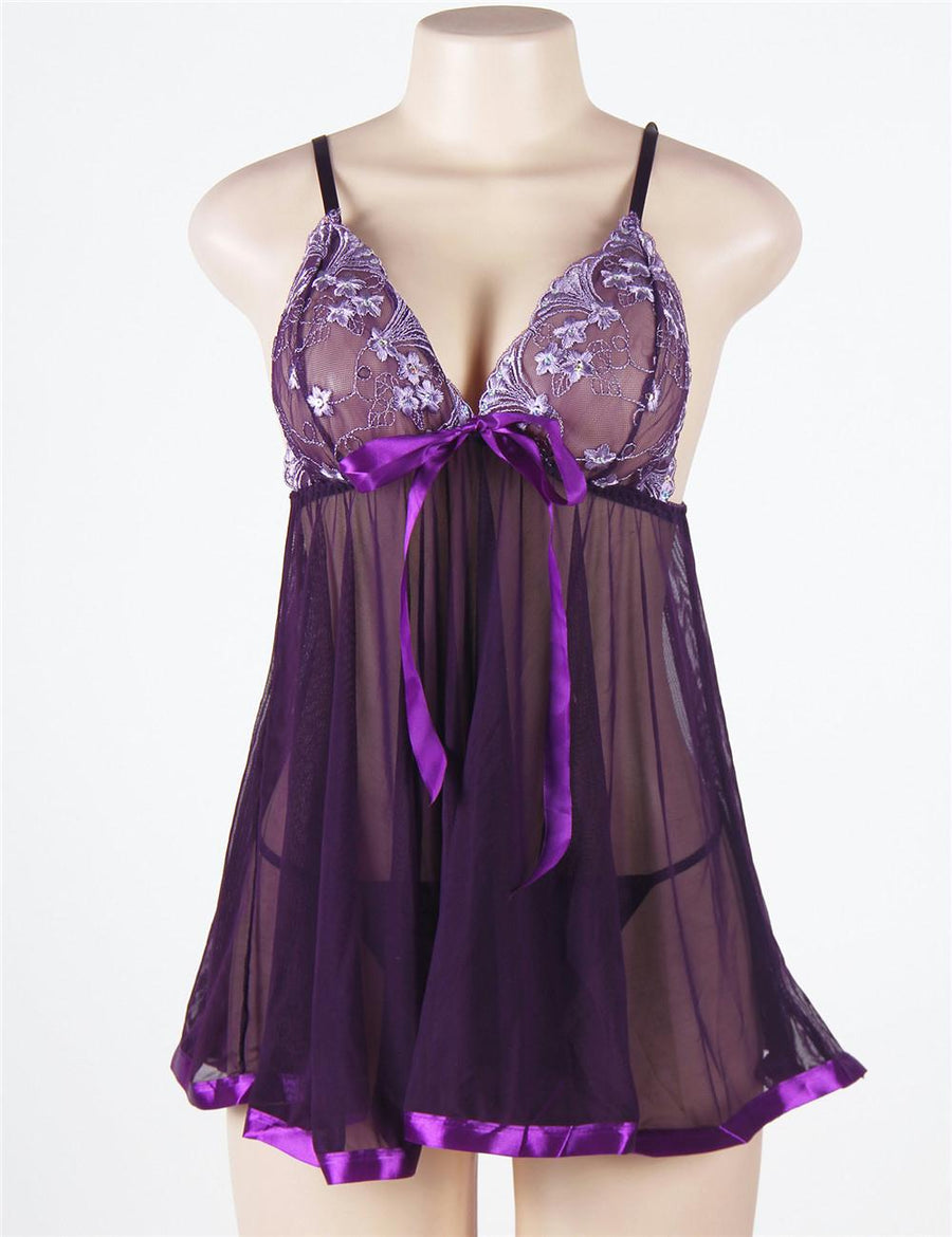 Purple Sheer Lace Babydoll With Open Back