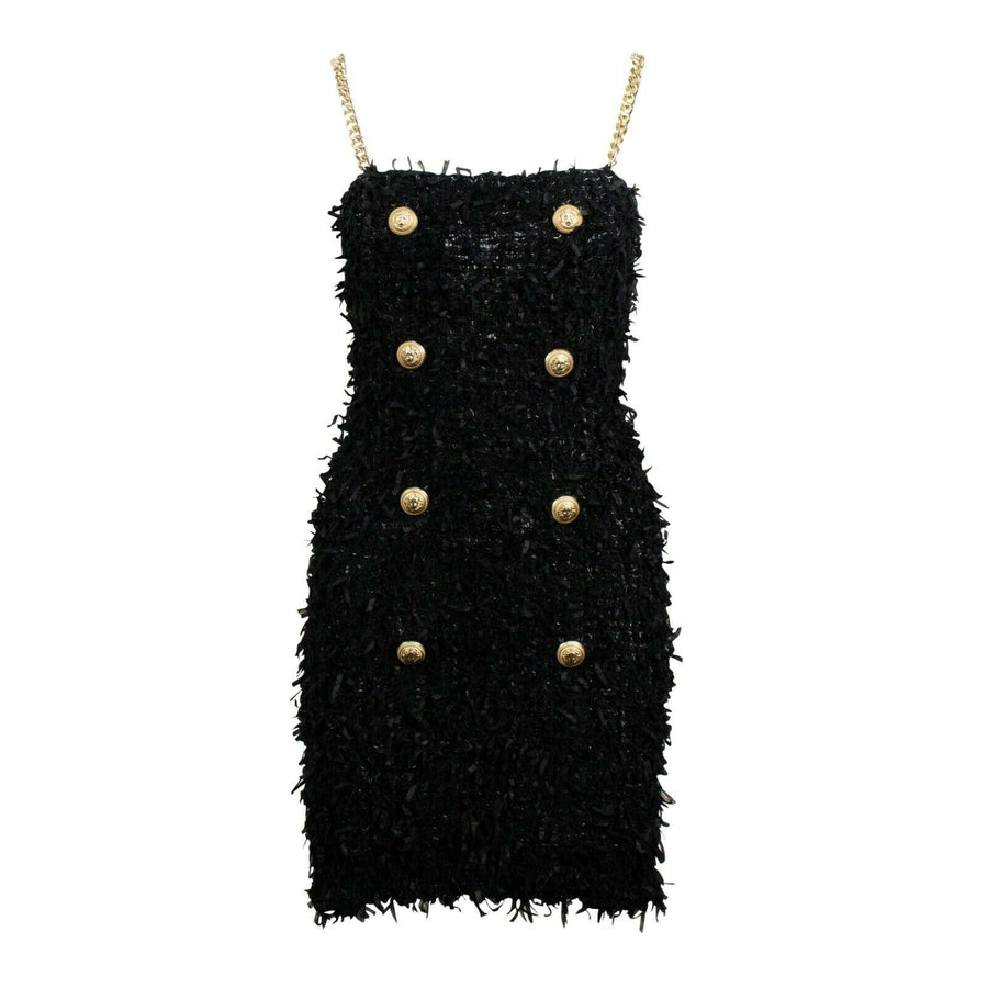 Cotton Blend Fringed Sheath Mini Dress - Black