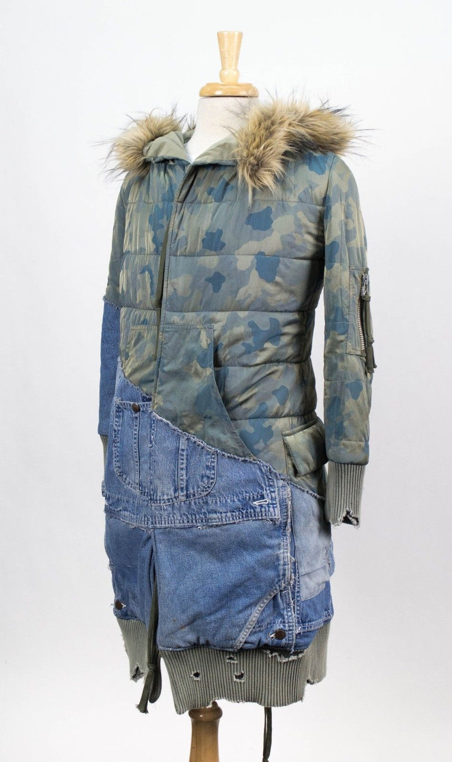 Camo Nylon Vintage Denim Puffy Hooded Parka Coat - Blue / Green